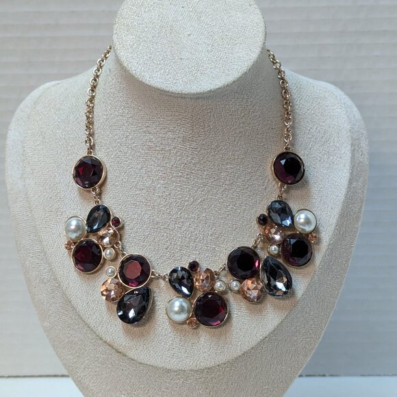 Gorgeous Gold Tone Rhinestone Faux Pearl Choker Necklace Burgundy Gray Peach - Picture 5 of 10